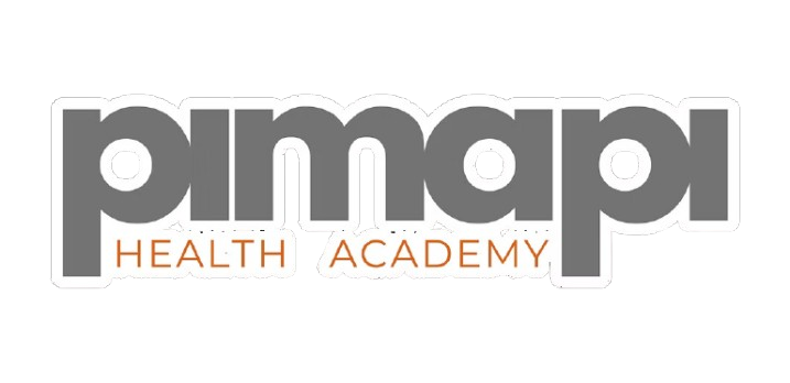 Das Bild zeigt den Schriftzug pimapi Health Academy in Grau und Orange auf Schwarz