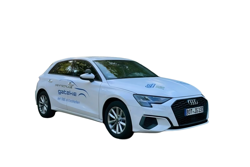 Weisser Audi Fahrschulwagen der Fahrschule Gatzke mit Kennzeichen BOT JS 230